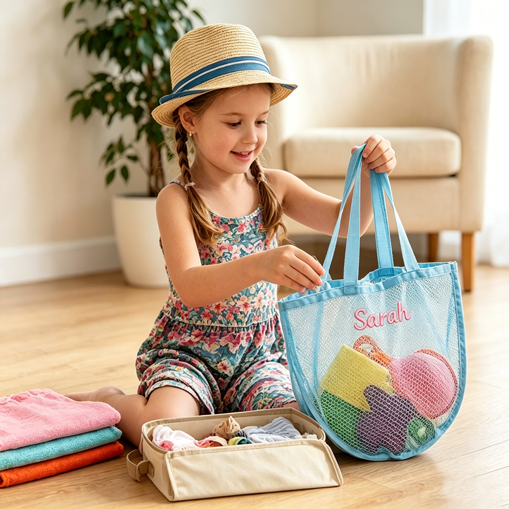 Personalized Embroidered Seashell Zipper Mesh Beach Bag | CWBeach249