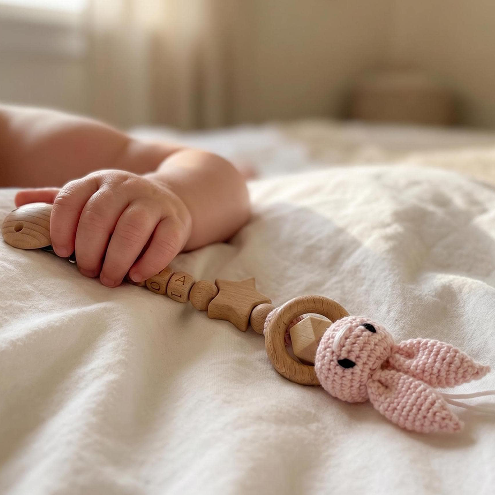Personalized Bunny Baby Pacifier Wooden Bead Clip | CWToy194