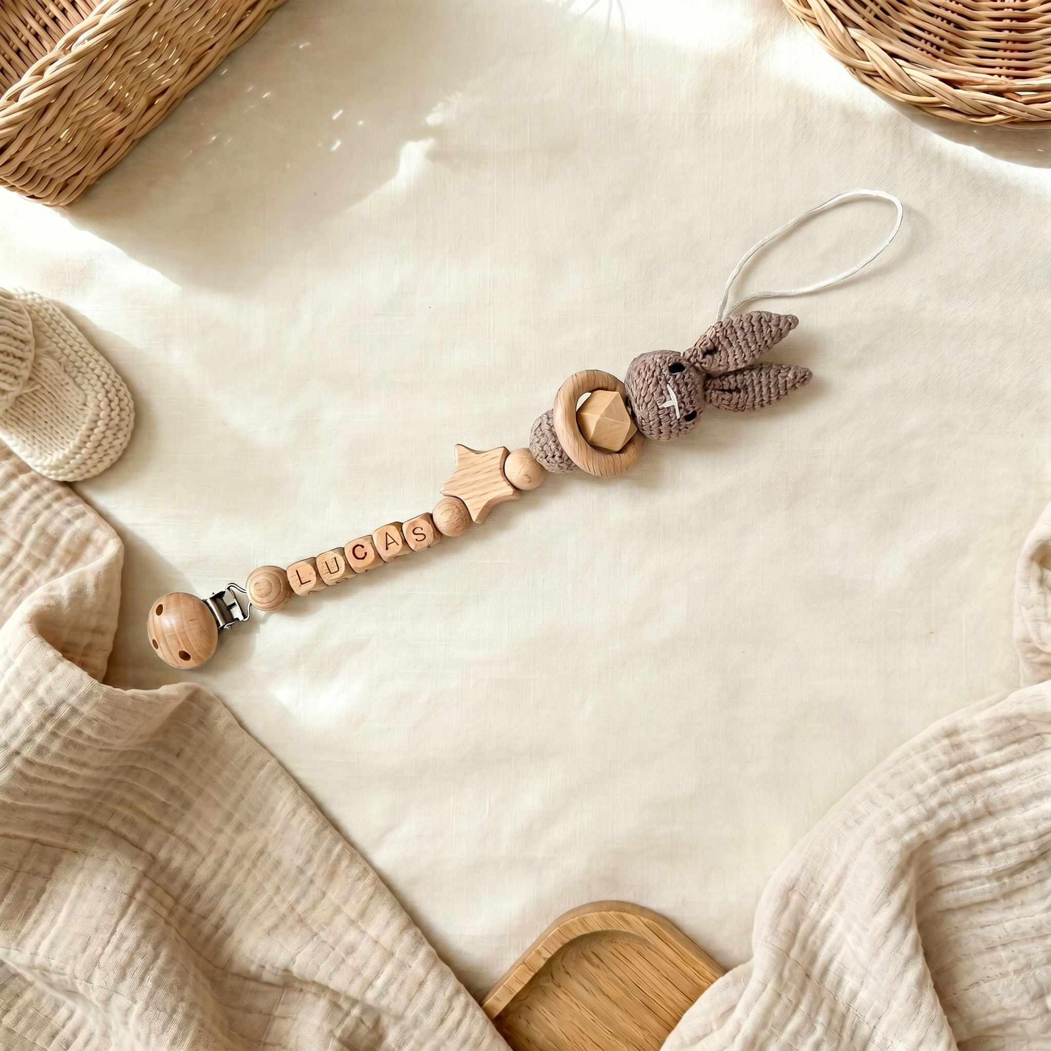 Personalized Bunny Baby Pacifier Wooden Bead Clip | CWToy194