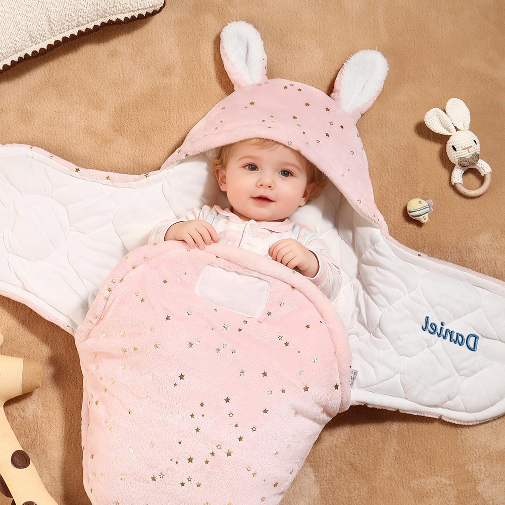 Personalized Baby Flannel Bunny Ear Swaddle Wrap | CWBaby507