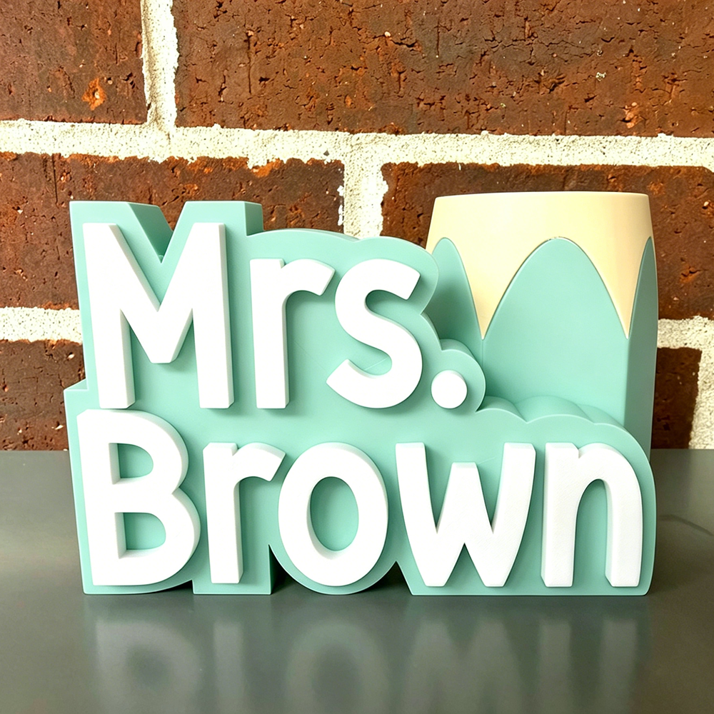 Personalized 3D Printed Teacher Pen Cup and Name Stand | CWTeach14