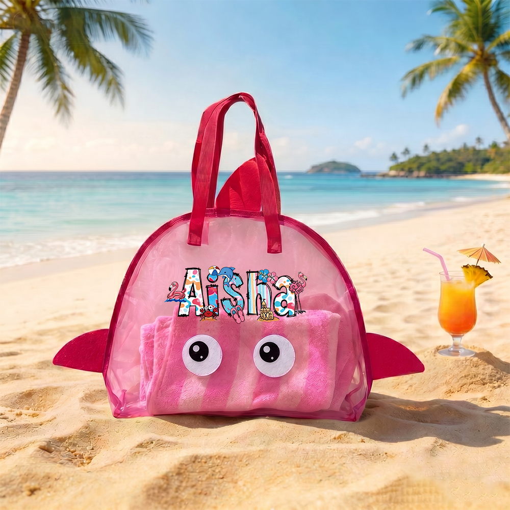 Personalized Adorable Shark Seashell Zipper Mesh Beach Bag | CWBeach262