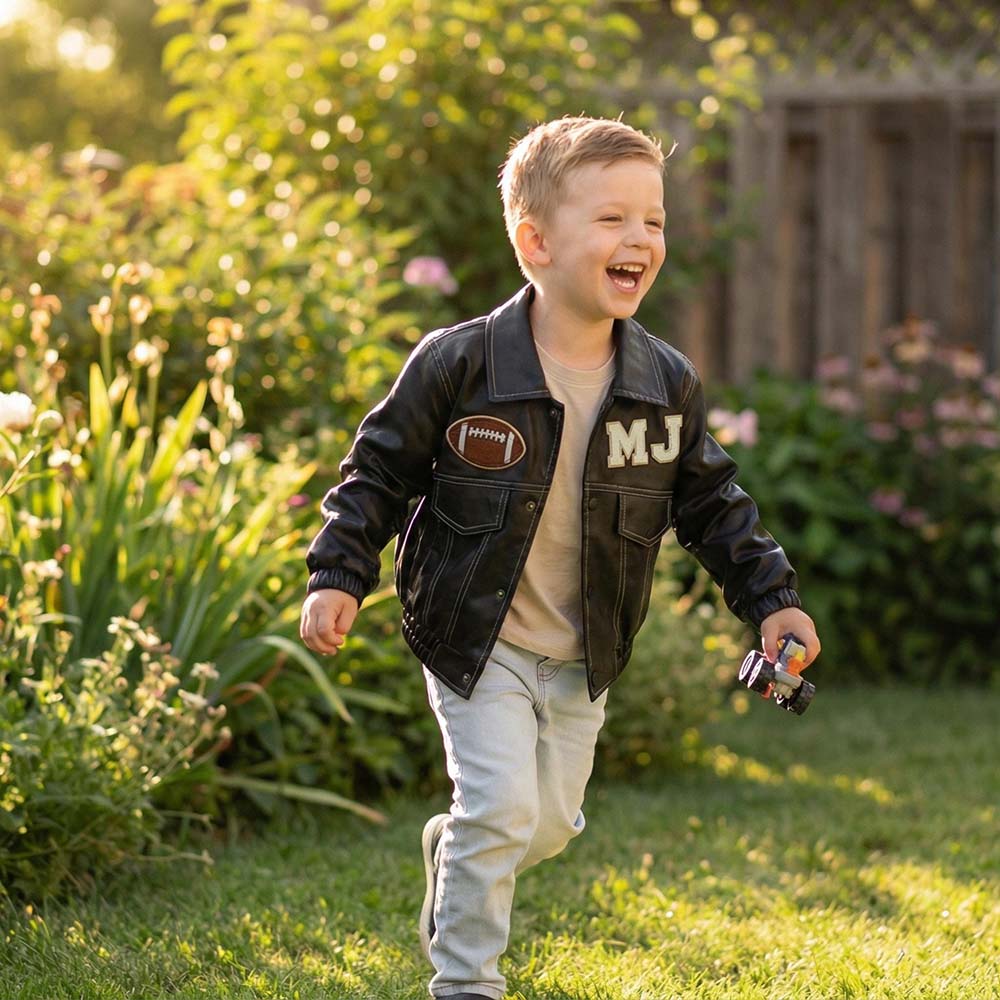 Personalized Chenille Patch Baby Vegan Leather Jacket | CWBaby518