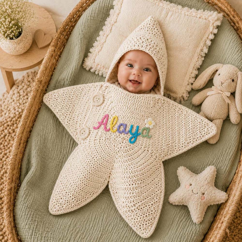 Personalized Hand Embroidered Hooded Crochet Star Baby Outfit | CWBaby524