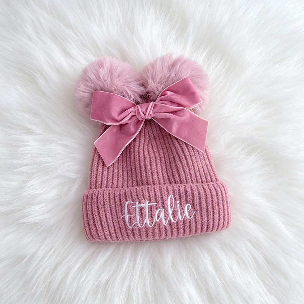 Personalized Embroidered Baby Pom Pom Hat with Bow | HSKid85