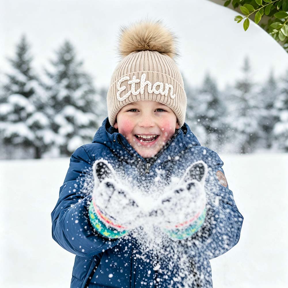 Personalized Hand Embroidered Kids Pom Beanie Winterhat | HSKid87