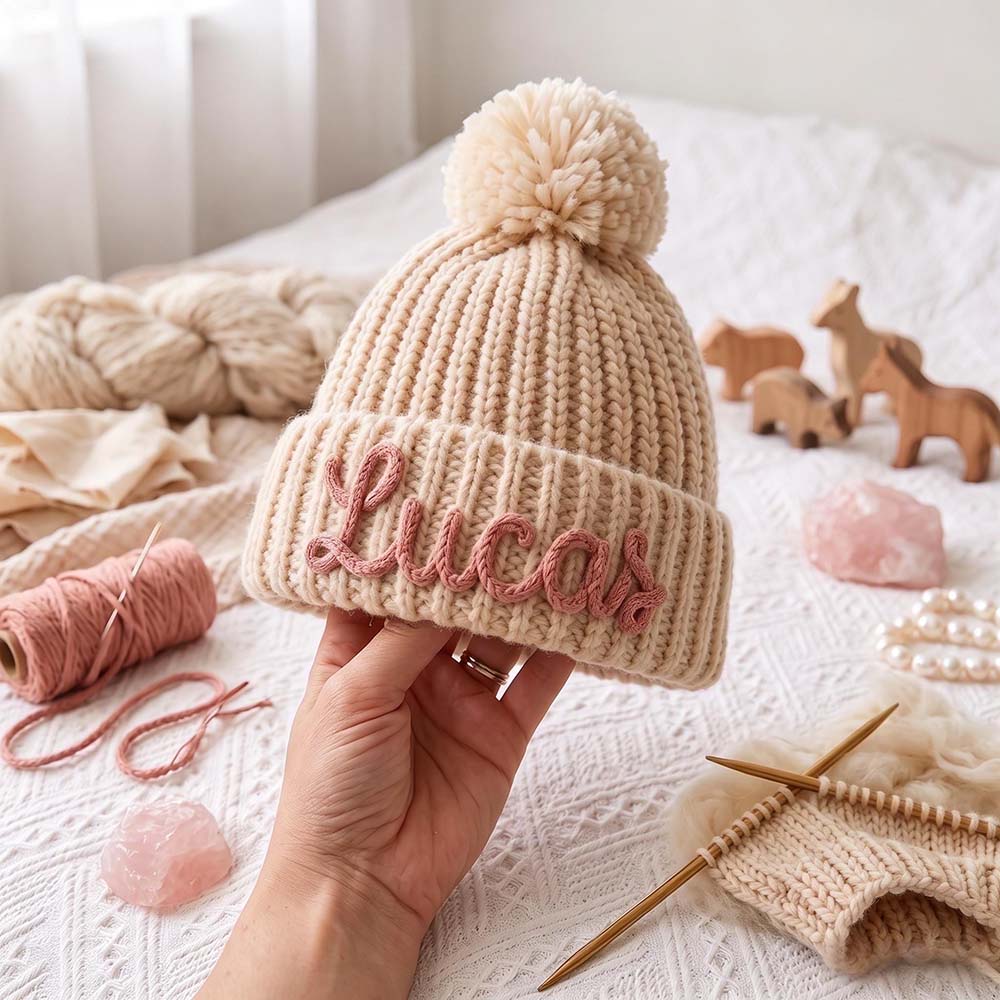 Personalized Hand Embroidery Pom Pom Beanie| HSKid44