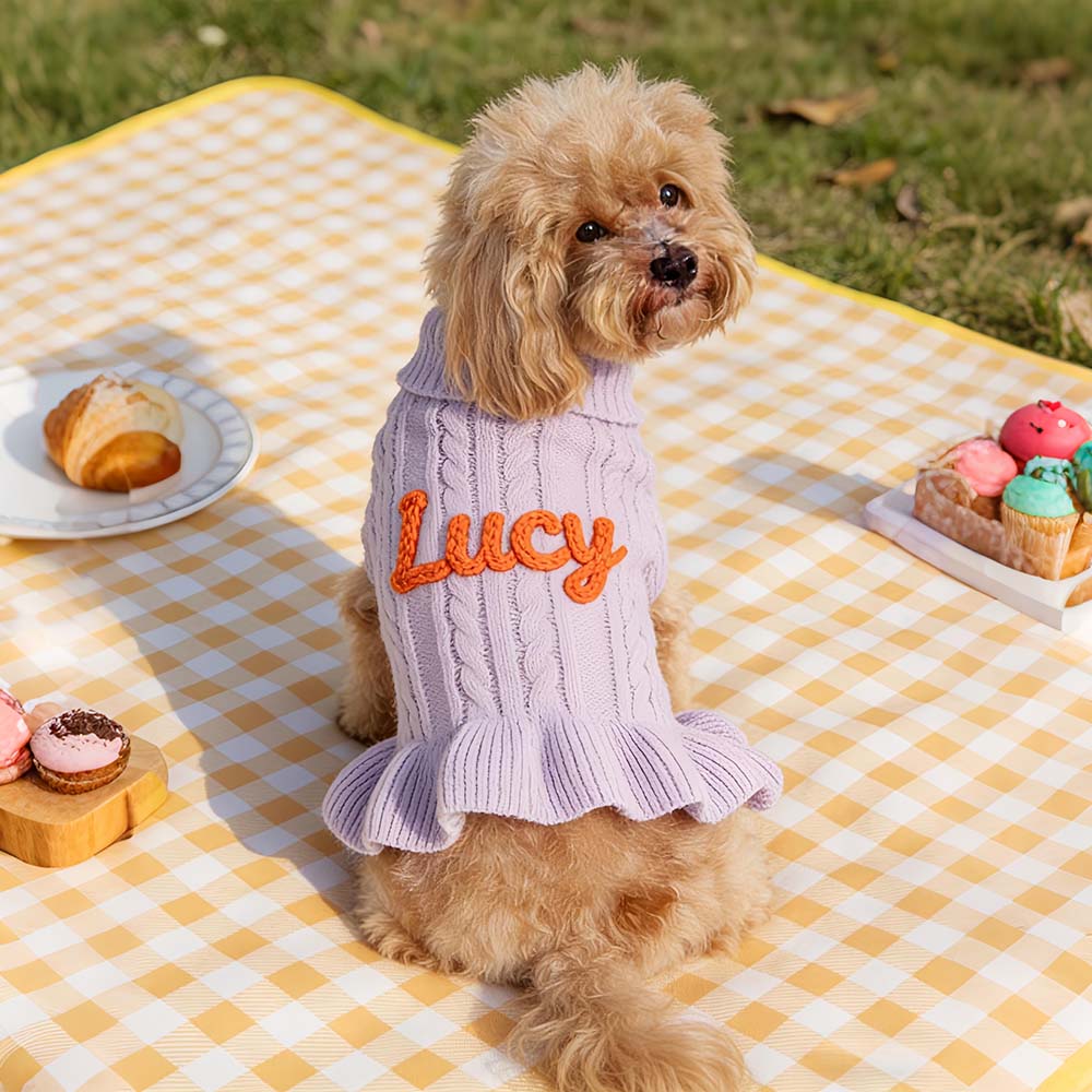 Personalized Hand Embroidered Pet Knitted Ruffle Sweater Dress | BKPet578