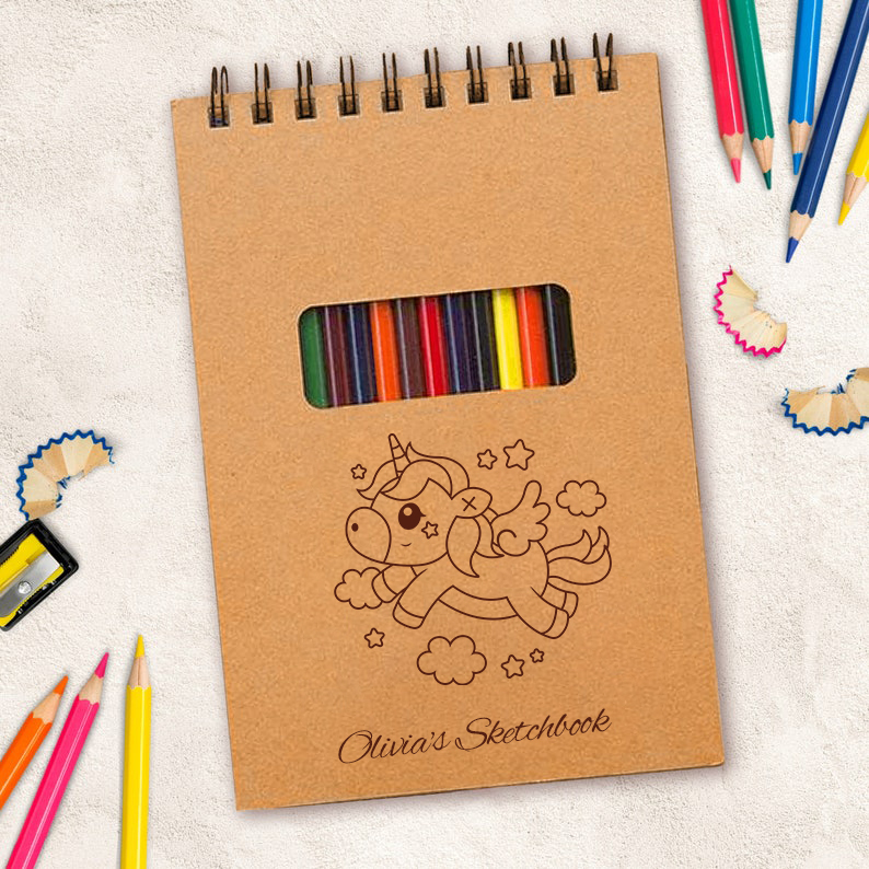 Personalized Sketchbook for Kids (Colored Pencils Included)