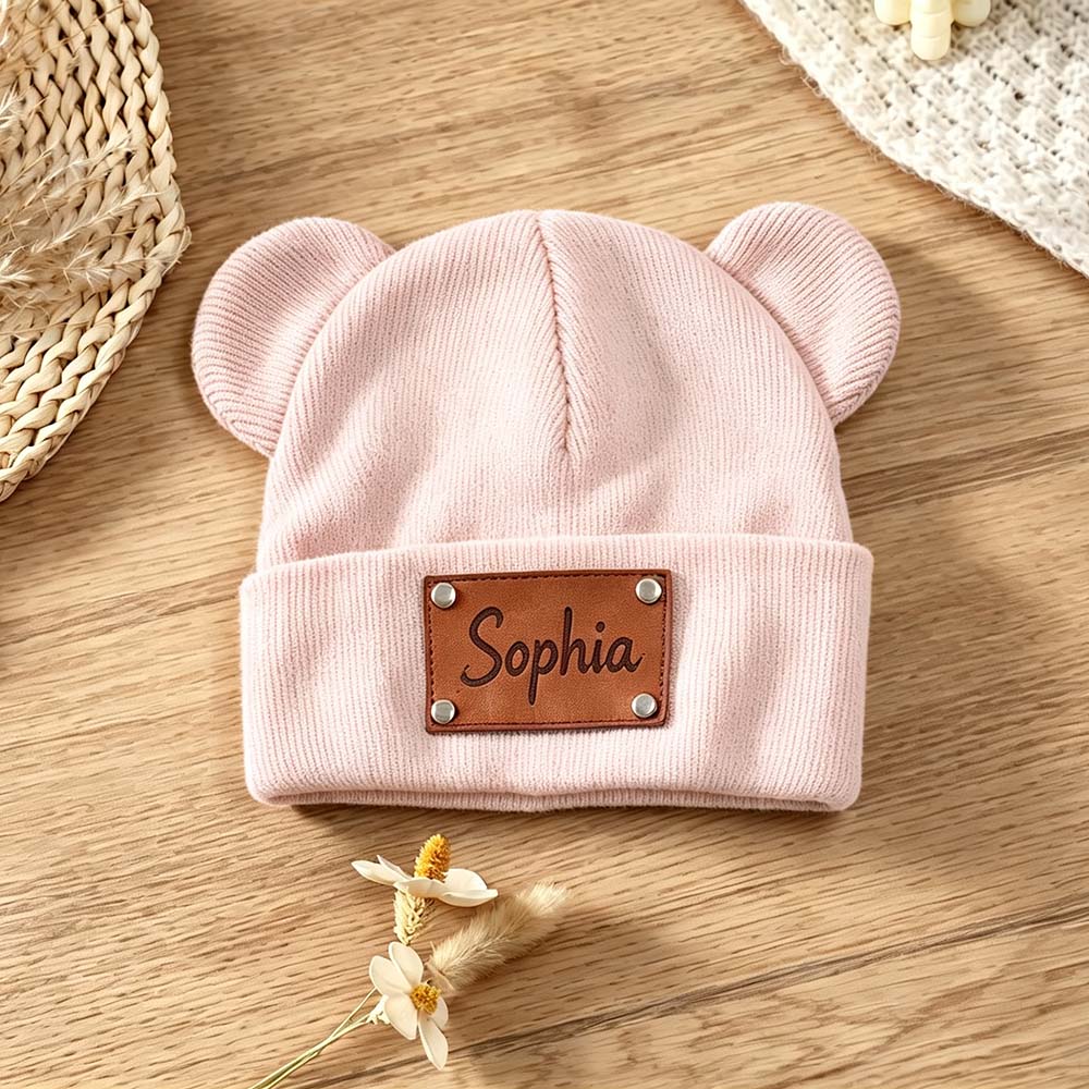 Personalized Leather Patch Kid Beanie Hat With Bear Ears | HSKid92
