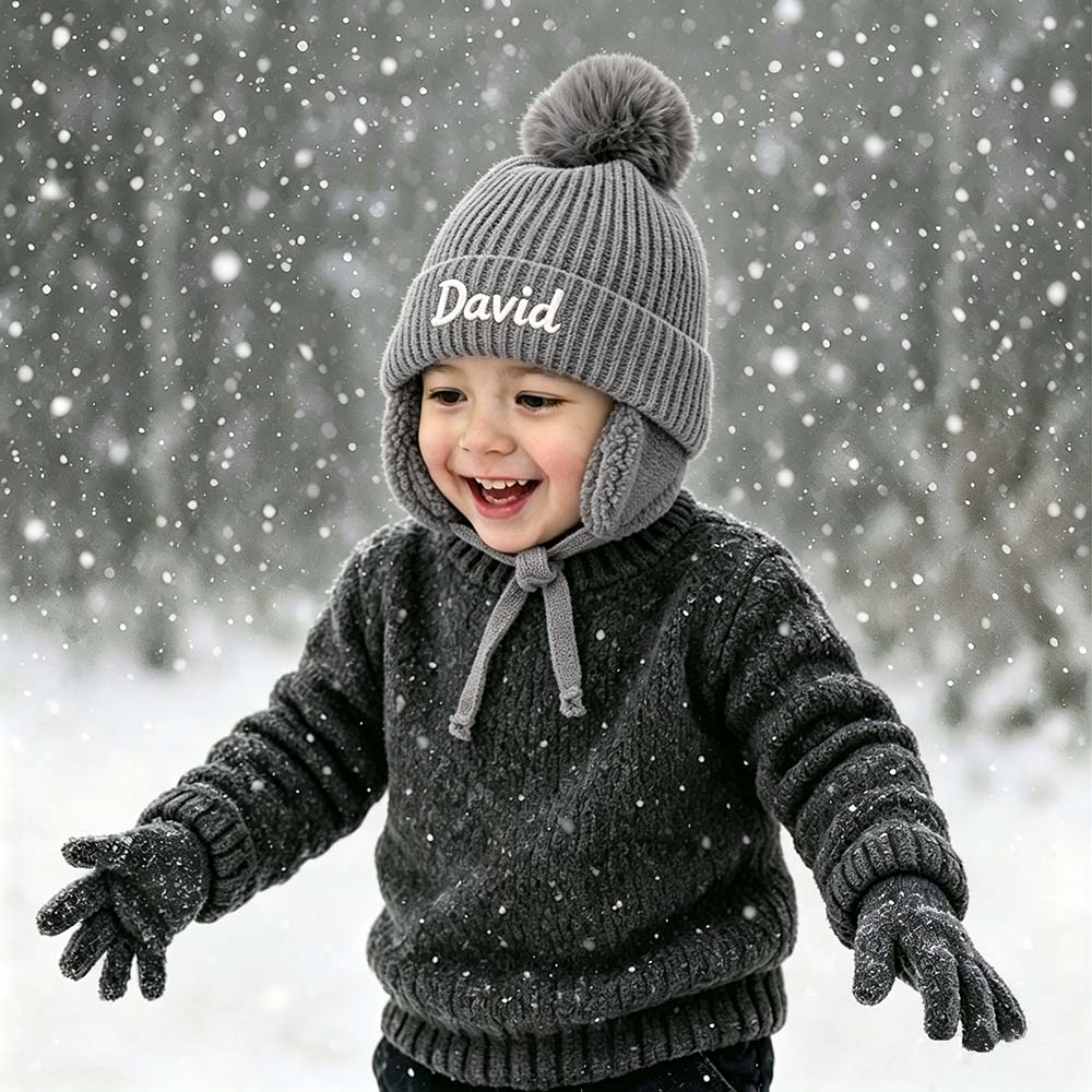 Personalized Embroidered Kids Winter Hat With Ear Flaps & Pom Pom | HSKid93