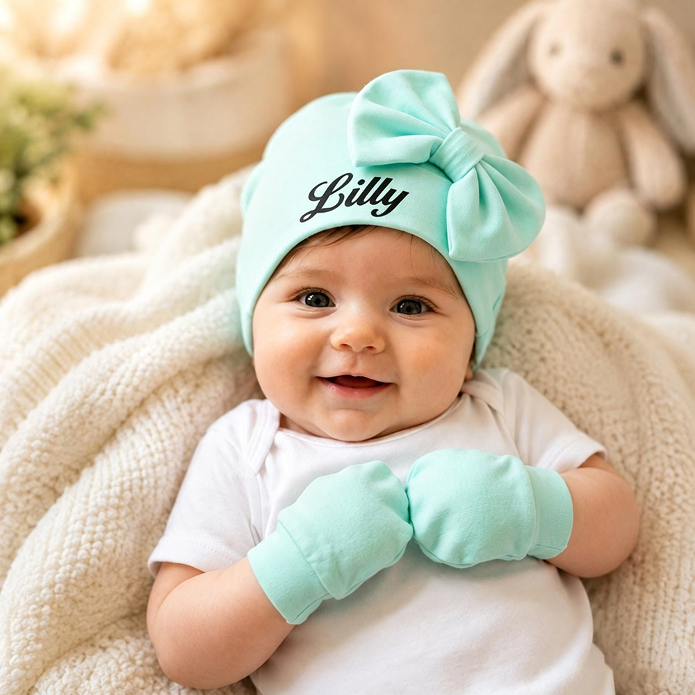 Personalized Newborn Coming Home Bow Beanie And Gloves Set | HSKid62