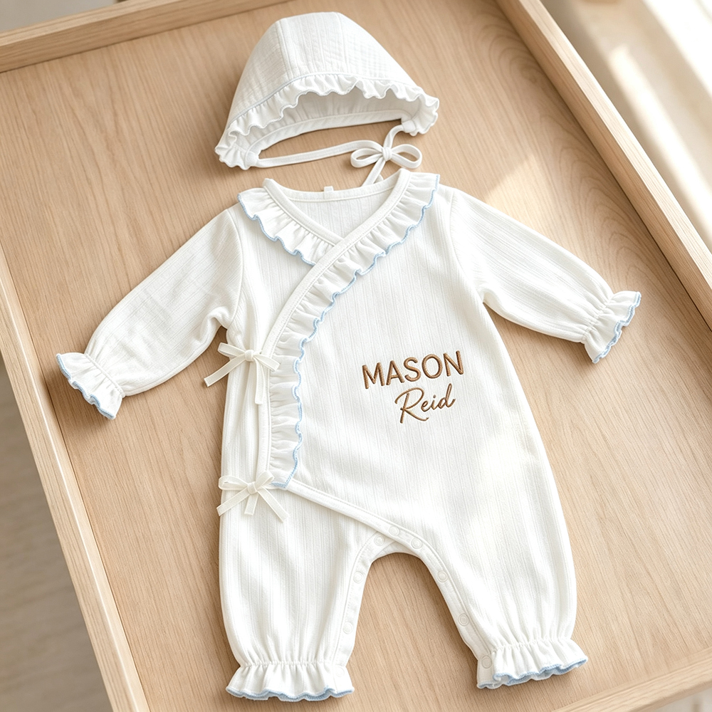 Personalized Embroidery Newborn Cotton Ruffle Wrap Baby Romper & Bonnet Set | CWBaby531