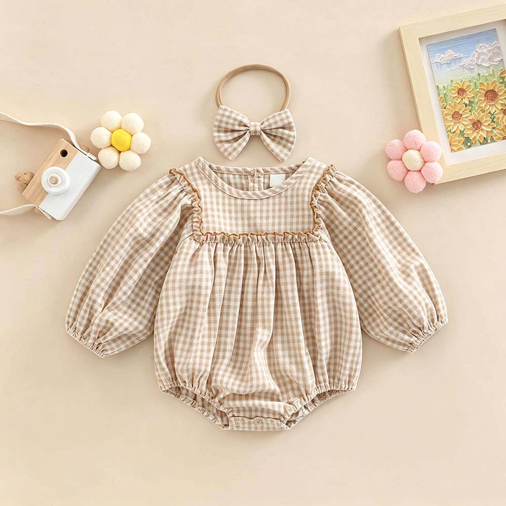 Personalized Embroidered Baby Girl Bubble Gingham Romper with Matching Bow | CWBaby533