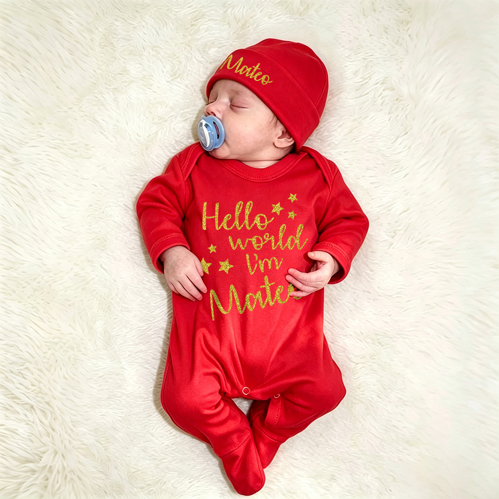 Personalized Baby Hello World Romper & Hat Set | CWBaby536