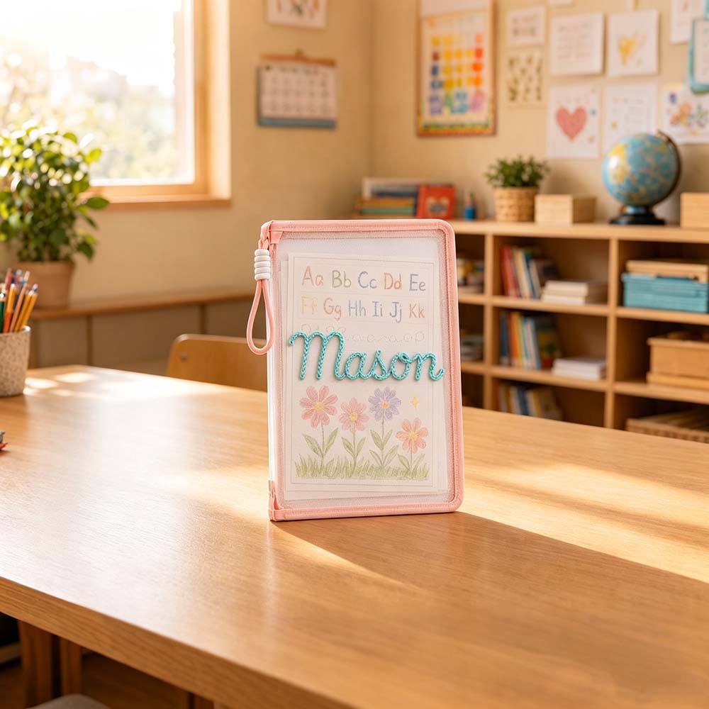 Personalized Hand Embroidered Homework Folder With Handle For Kids | CWToy207
