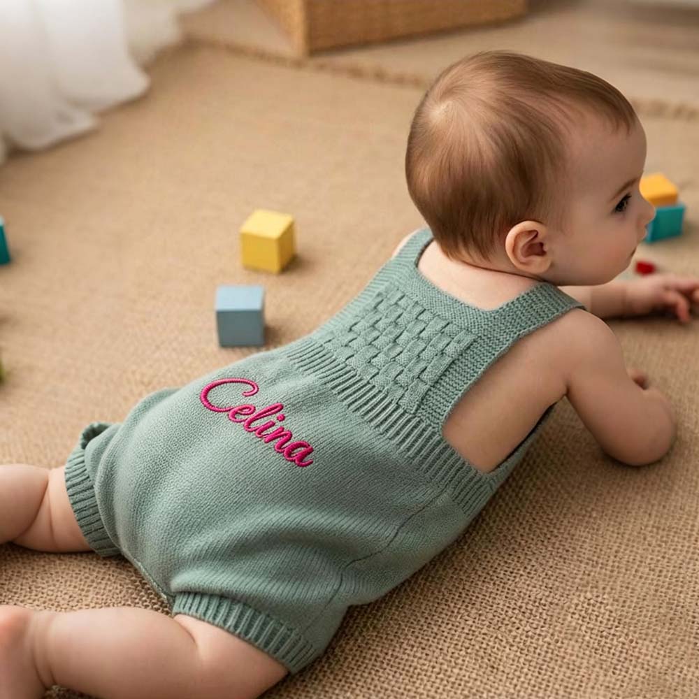 Personalized Embroidered Baby Knit Newborn Romper Set With Beanie | CWBaby538