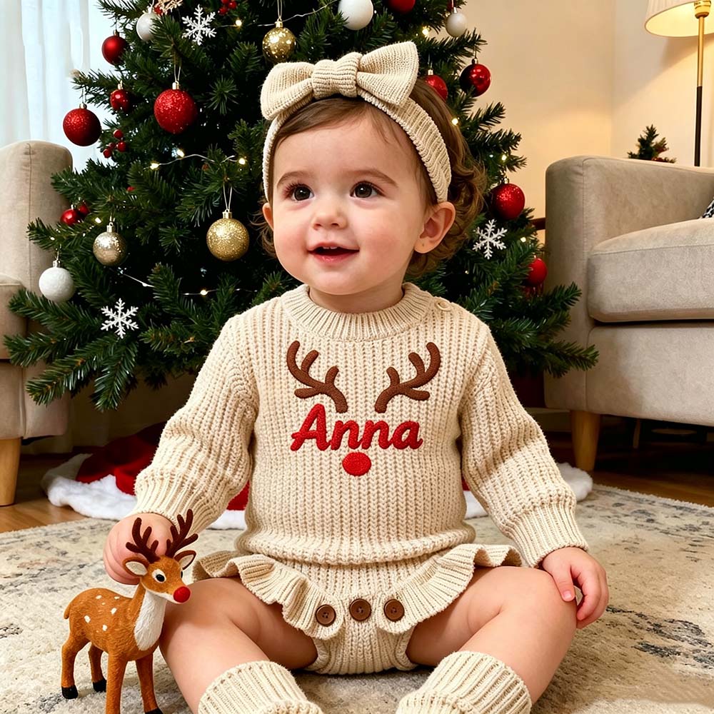 Personalized Embroidered Reindeer Baby Romper Set With Bow Headband & Socks | MCGift388