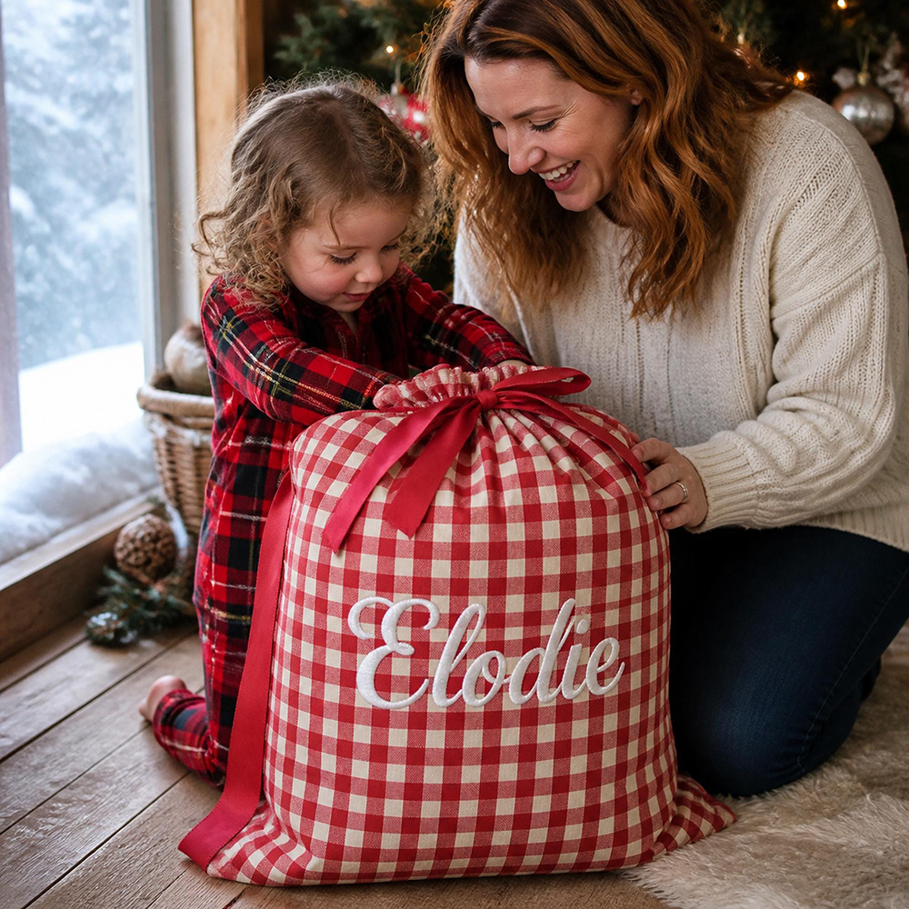 Personalized Embroidered Reusable Gingham Santa Gift Bag | MCGift391