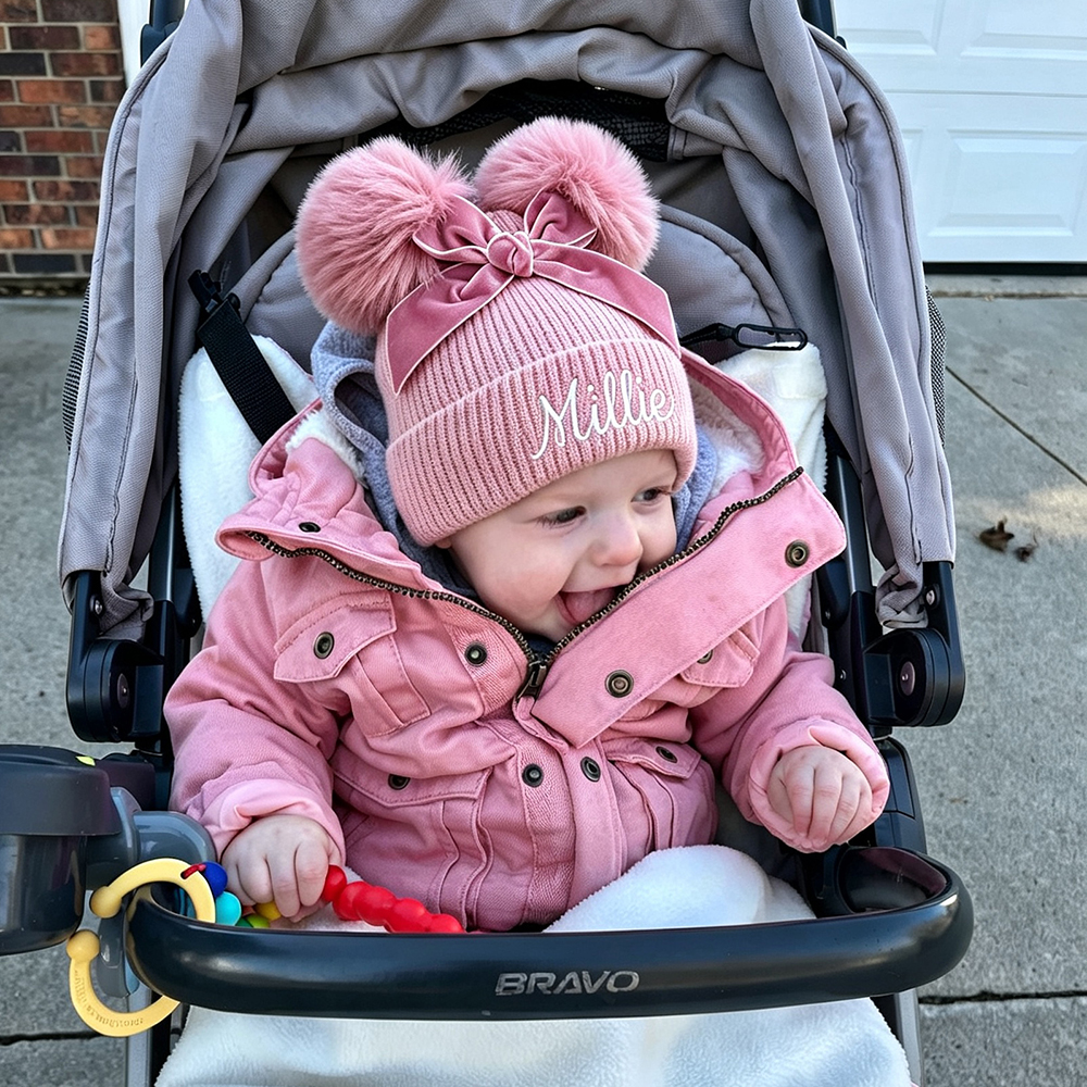 Personalized Embroidered Baby Pom Pom Hat with Bow | HSKid85
