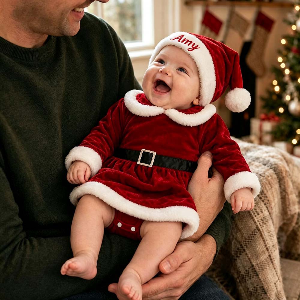 Personalized Embroidered Velvet Baby Santa Claus Dress Outfit with Santa Hat | MCGift406