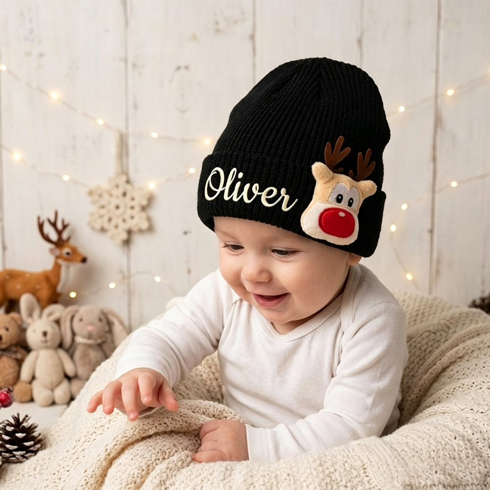 Personalized Embroided Christmas Reindeer Color Beanie | HSKid51