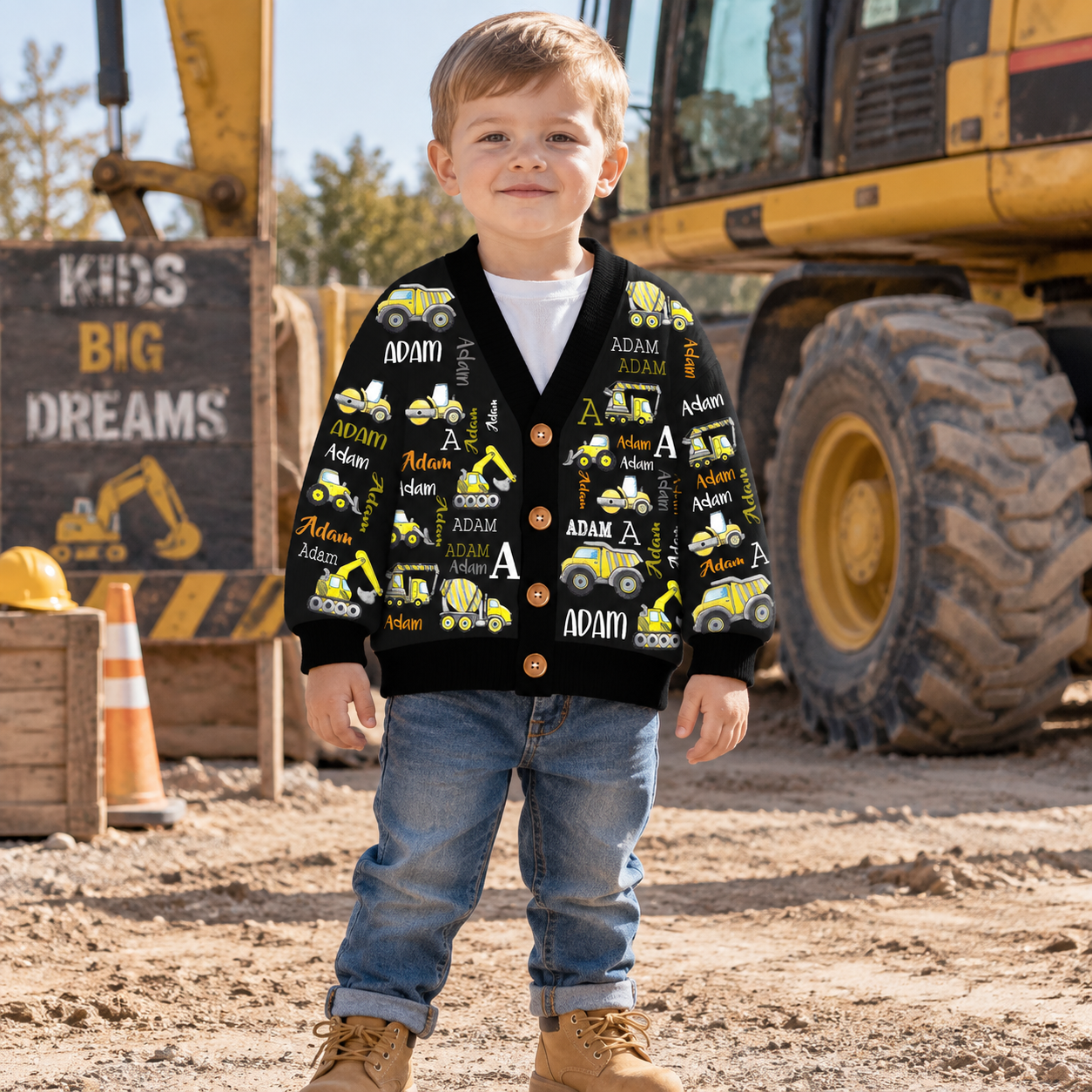Personalized Lovely Kids Construction Vehicle Knit Sweater | CWSweater20