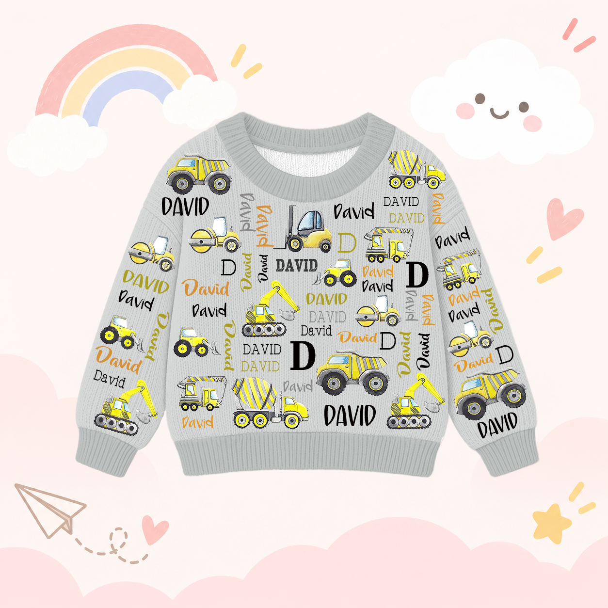 Personalized Lovely Kids Construction Vehicle Knit Sweater | CWSweater20