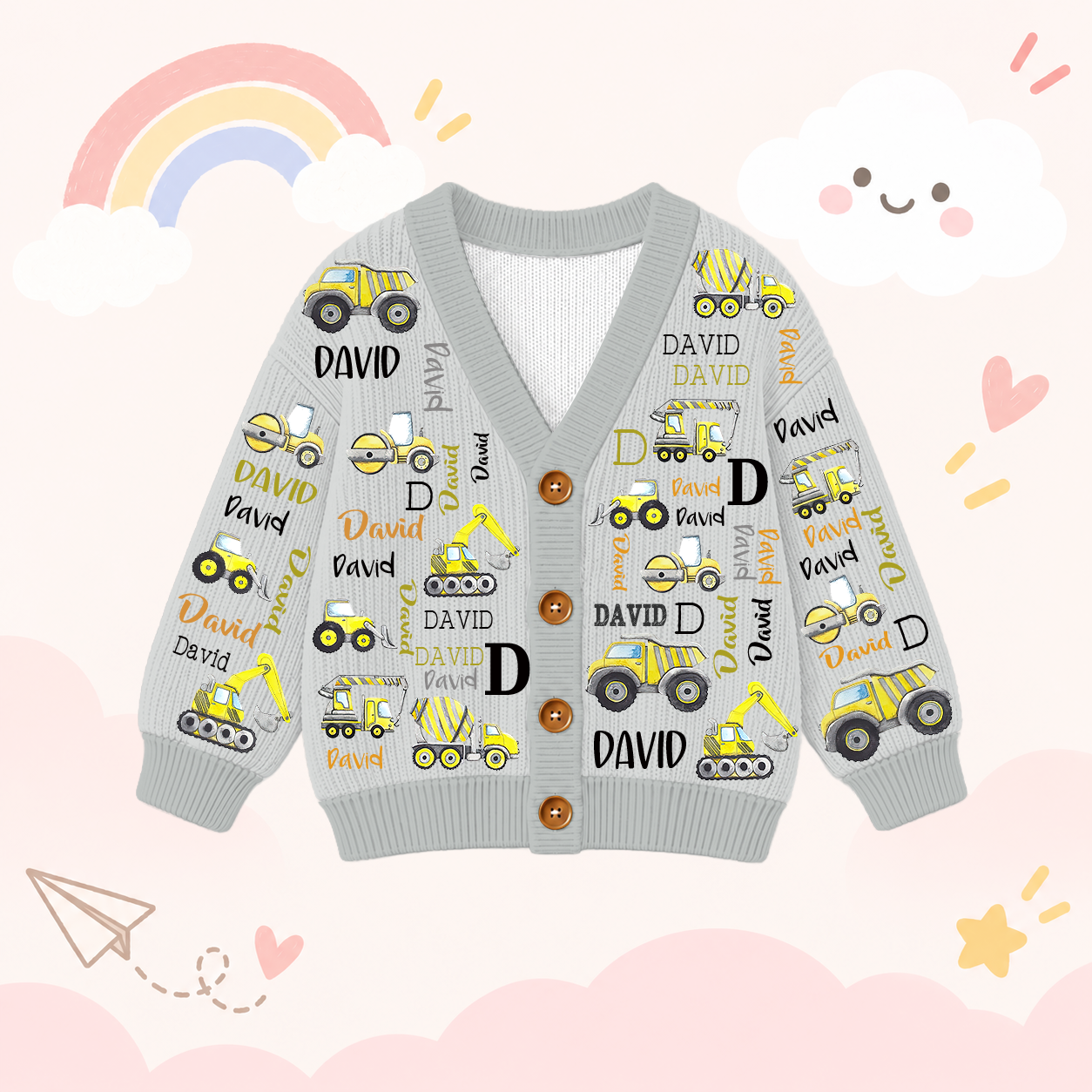 Personalized Lovely Kids Construction Vehicle Knit Sweater | CWSweater20