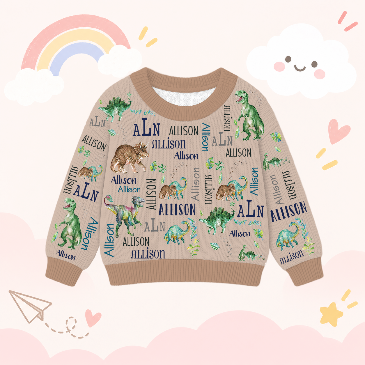 Personalized Lovely Kids Dinosaur Knit Sweater | CWSweater22