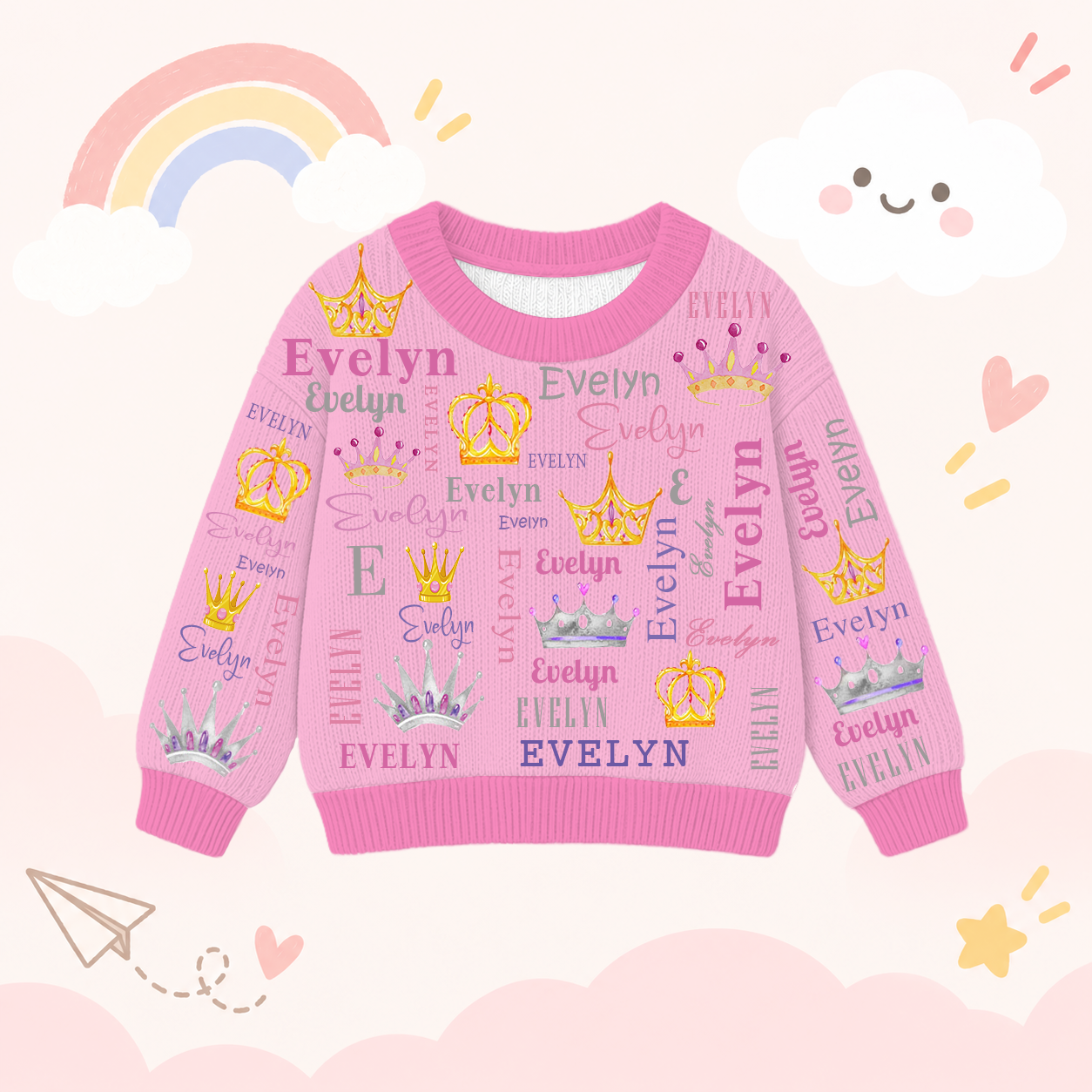 Personalized Lovely Kids Diamond Crown Knit Sweater | CWSweater23