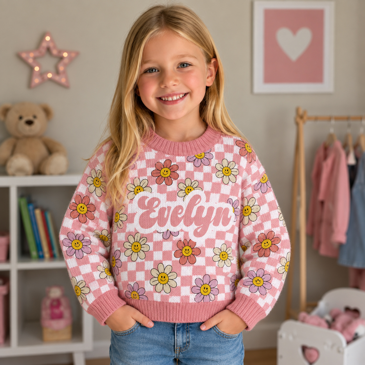 Personalized Lovely Kids Smile Daisy Knit Sweater | CWSweater25