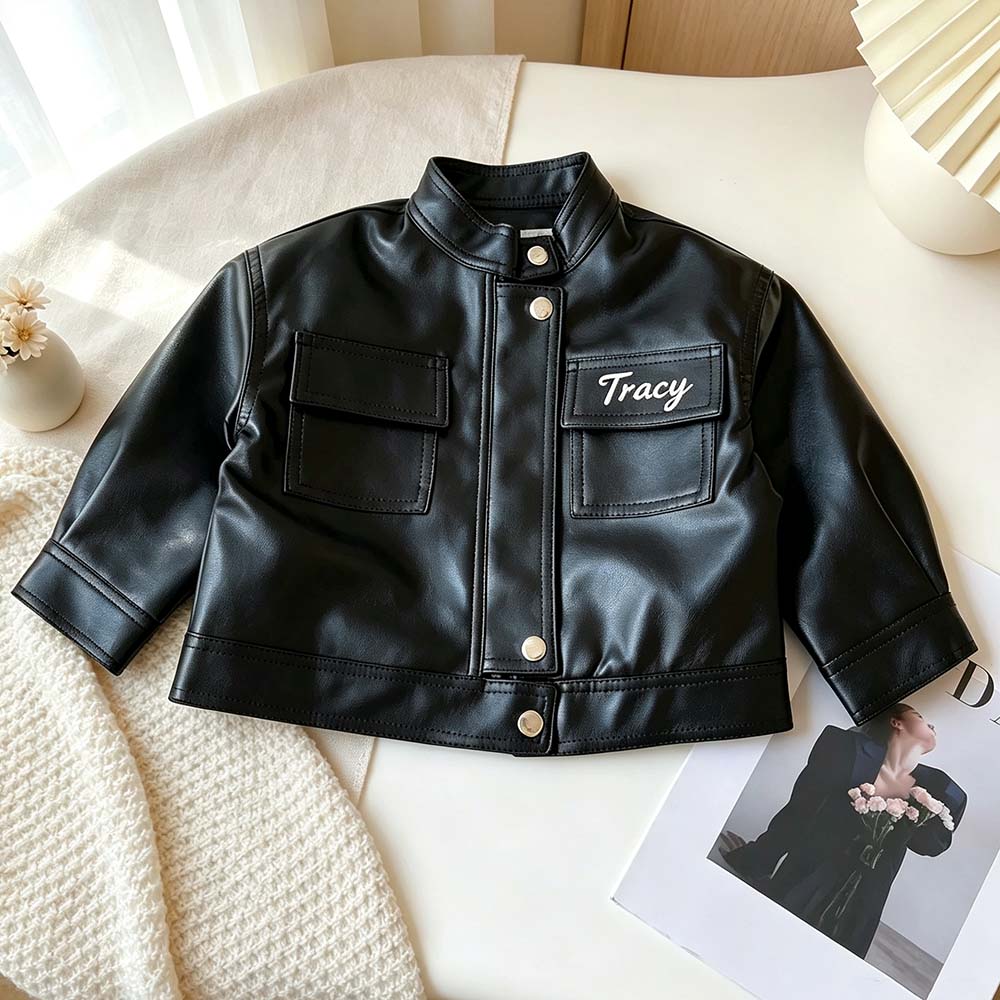Personalized Embroidered Long-Sleeved Leather Jacket For Girls | CWBaby541