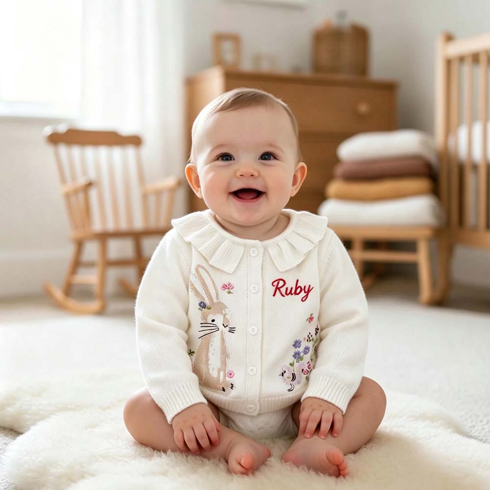 Personalized Embroidered Adorable Rabbit Knit Cardigan For Kids | CWBaby545