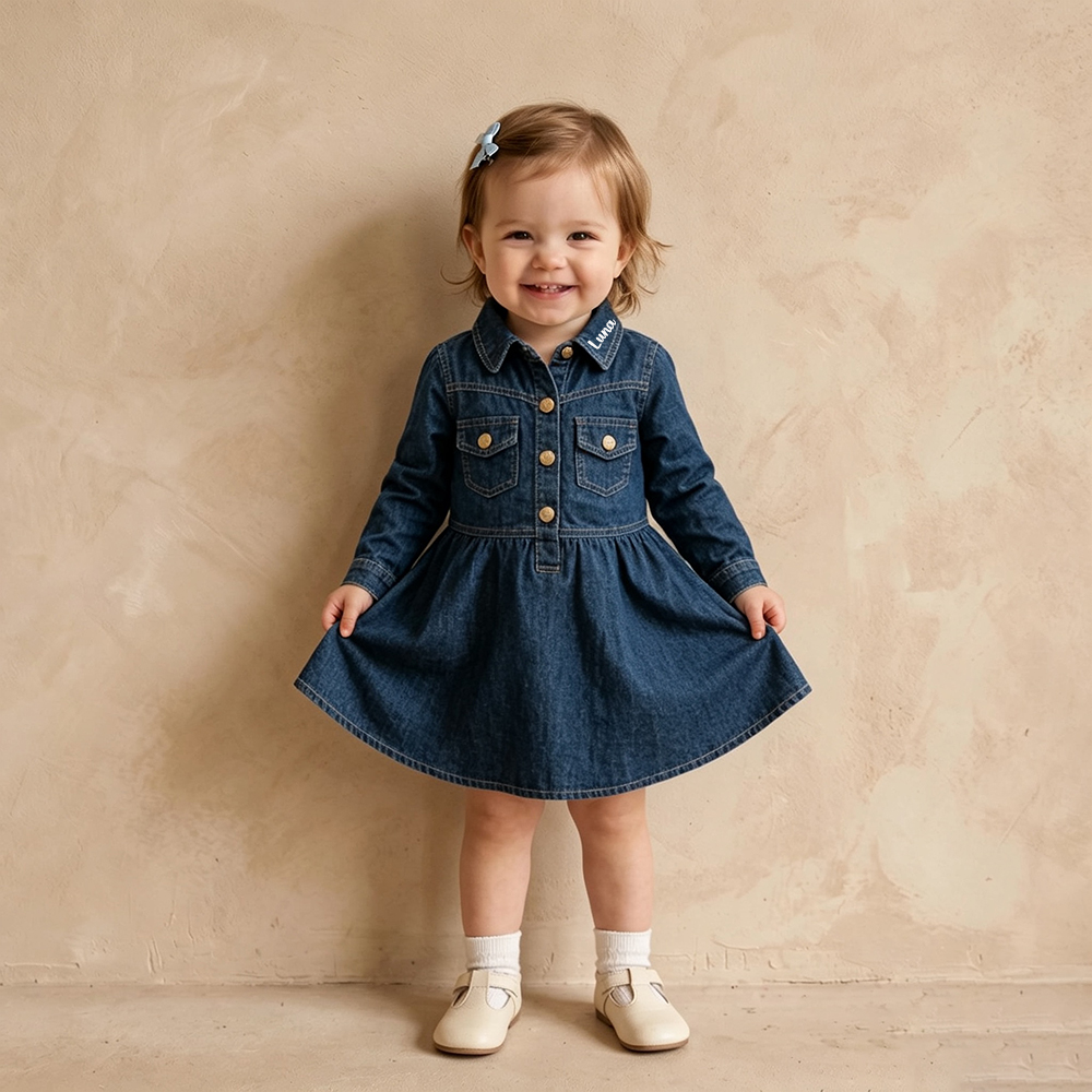 Personalized Long Sleeves Denim Dress For Girls | CWBaby542