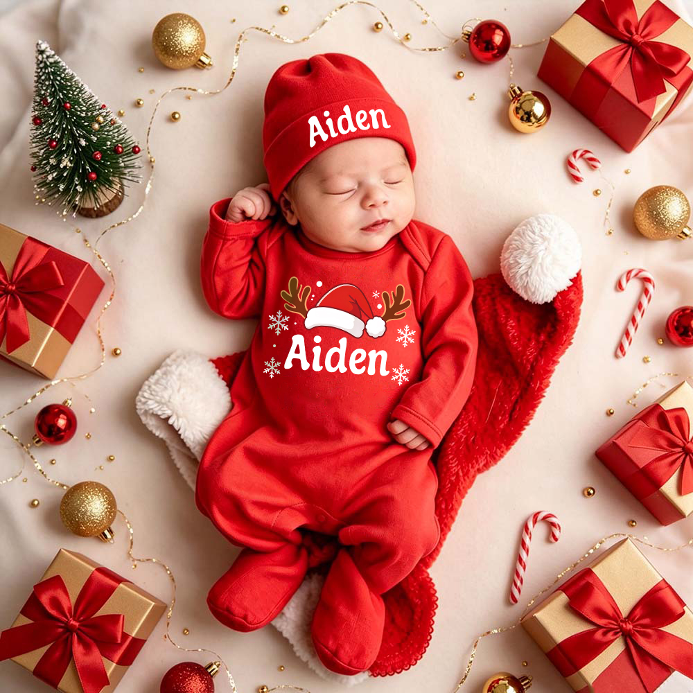 Personalized Baby Reindeer Christmas Hat Romper Set | MCGift423