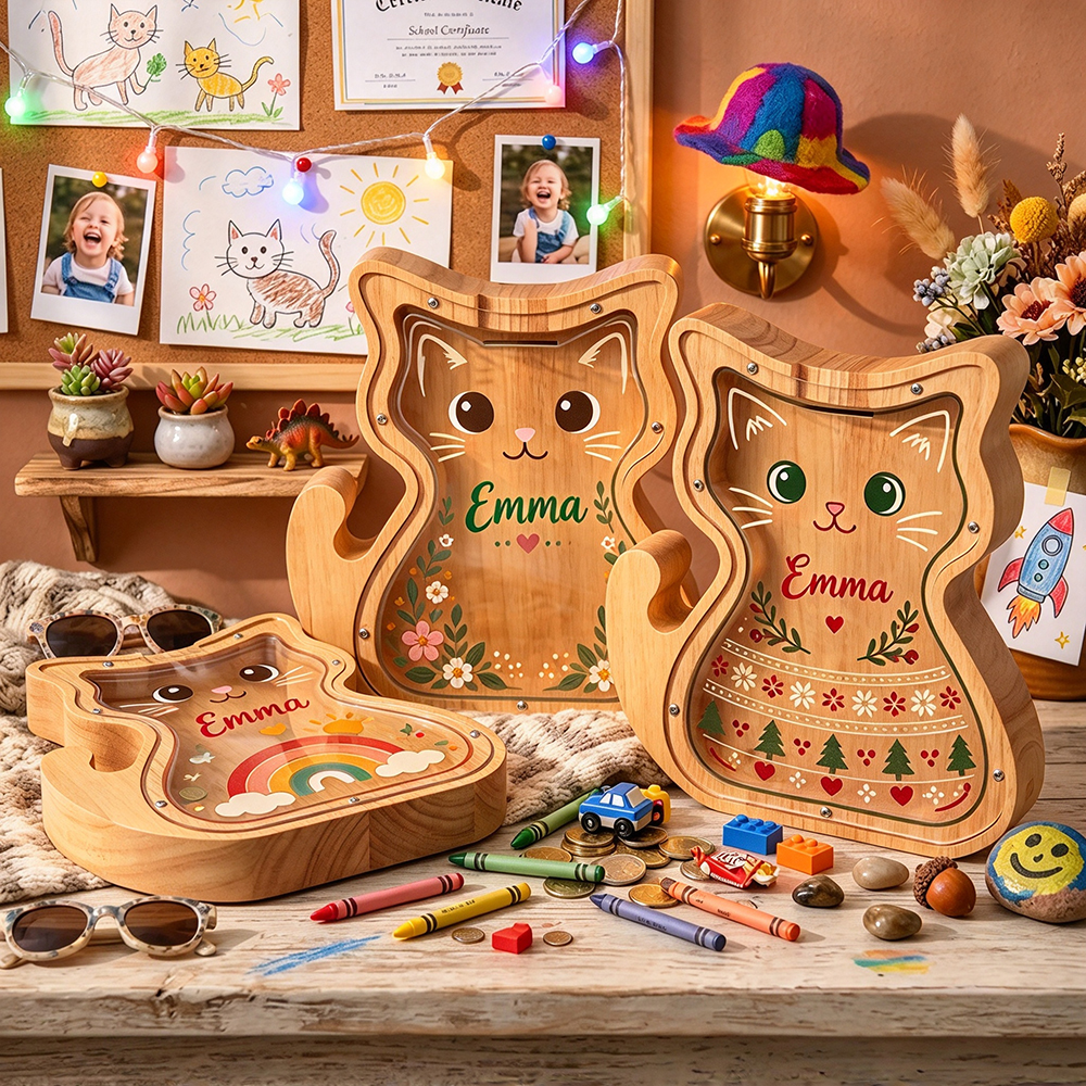 Personalized Wooden Cute Kitty Piggy Bank for Kids | MCGift432