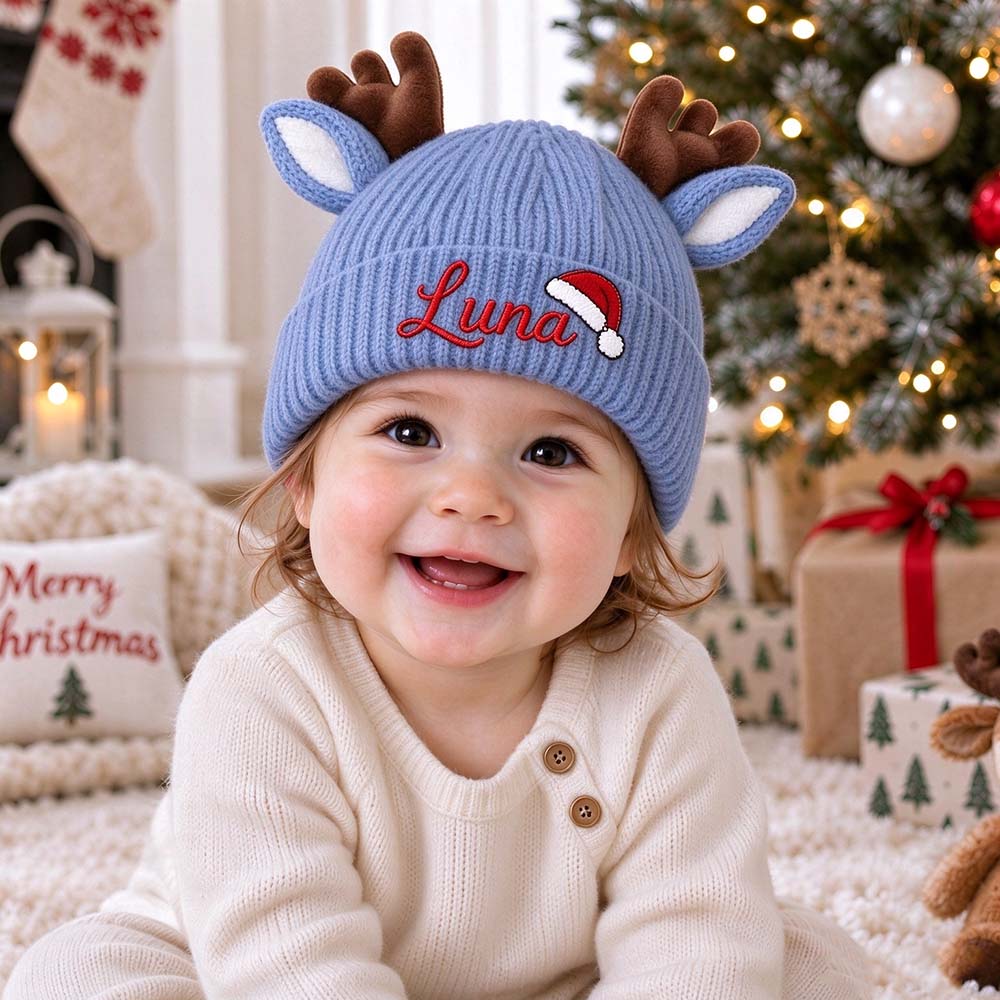 Personalized Embroidery Christmas Reindeer Beanie For Toddler Kids | MCGift429