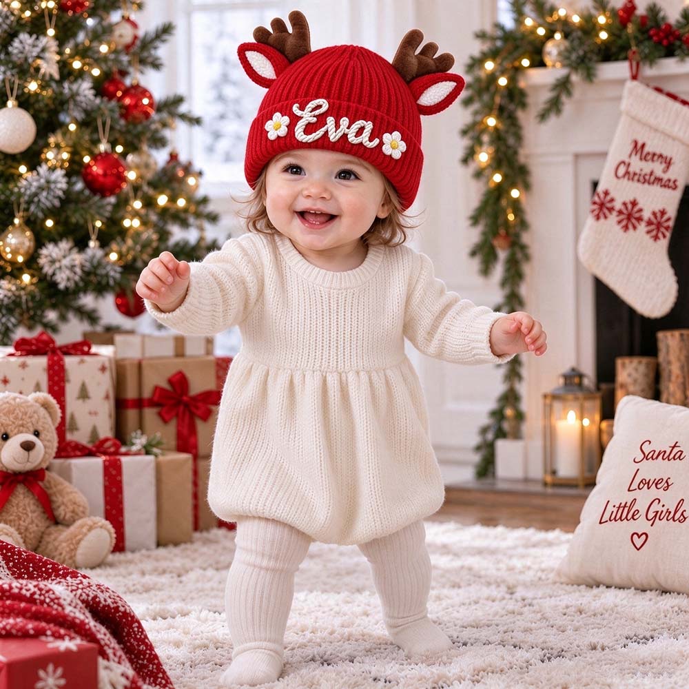 Personalized Hand Embroidery Christmas Reindeer Beanie For Toddler Kids | MCGift430