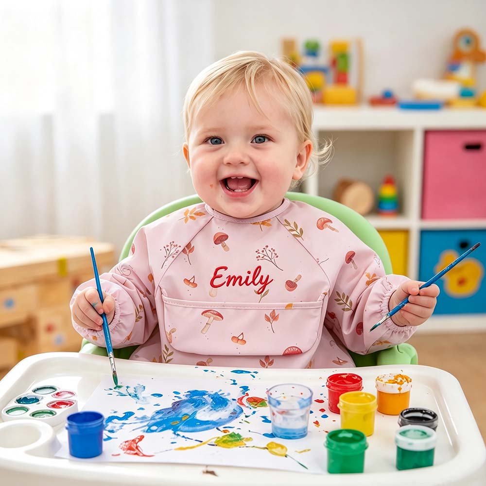 Personalized Embroidered Baby Bib Smock With Sleeves Feeding Cover | CWBaby561