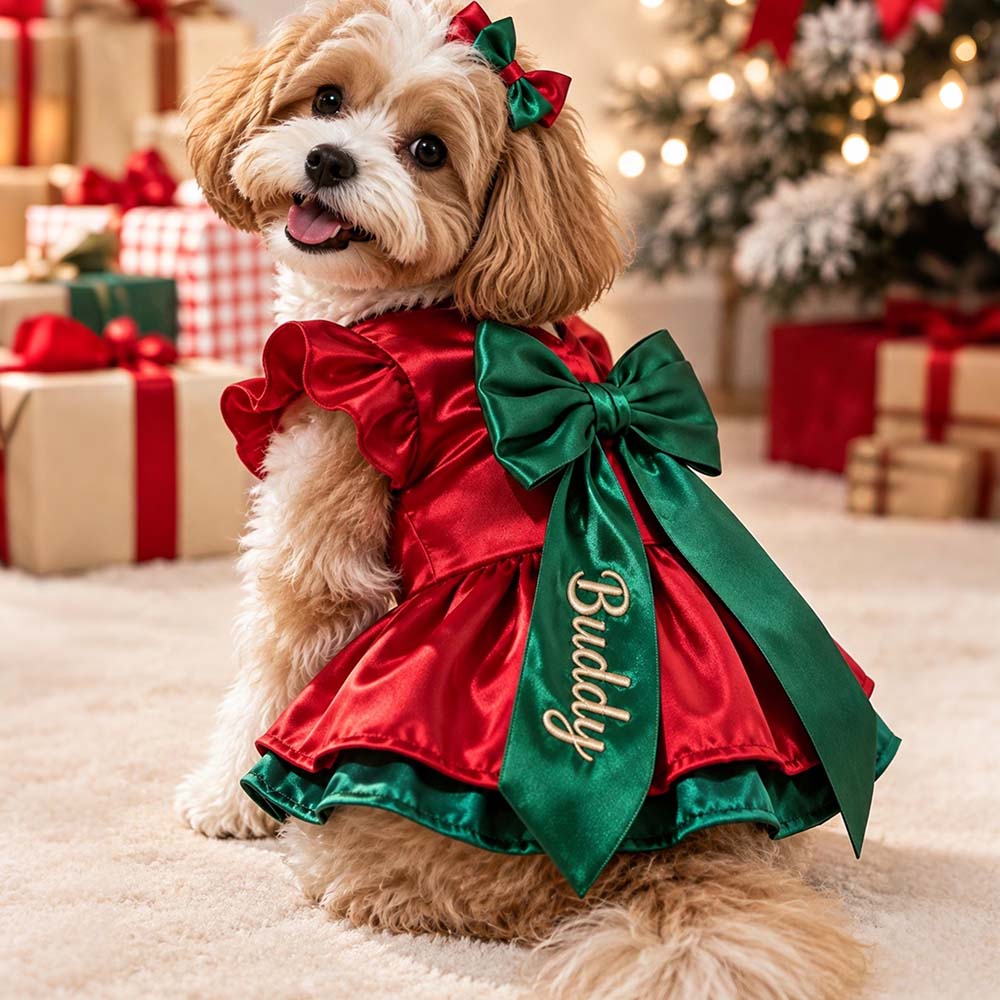 Personalized Embroidered Christmas Pet Dress with Bow | MCGift433