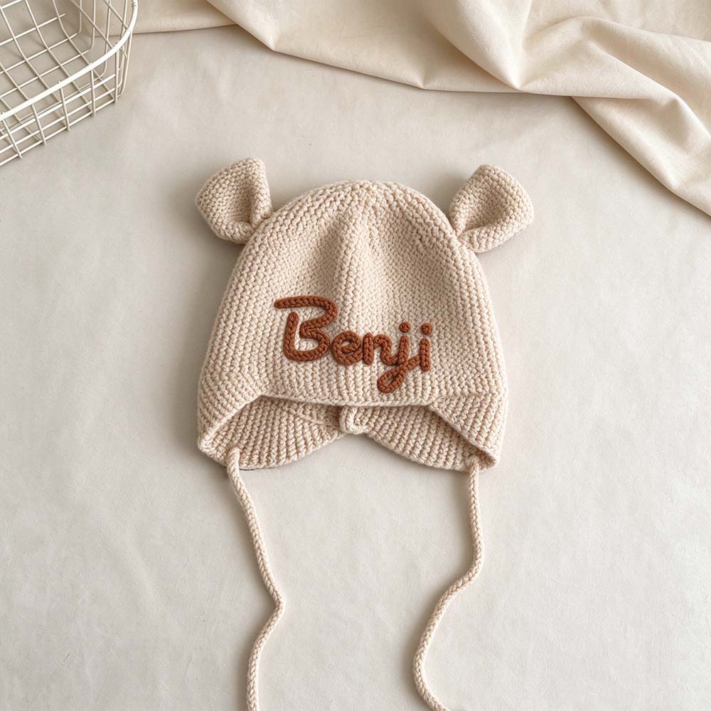 Personalized Hand Embroidered Bear Ears Baby Knit Beanie Hat | CWBaby563