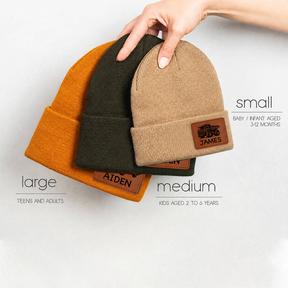 Personalized Kids Dinosaur & Excavator Leather Patch Beanie Hat | HSKid100