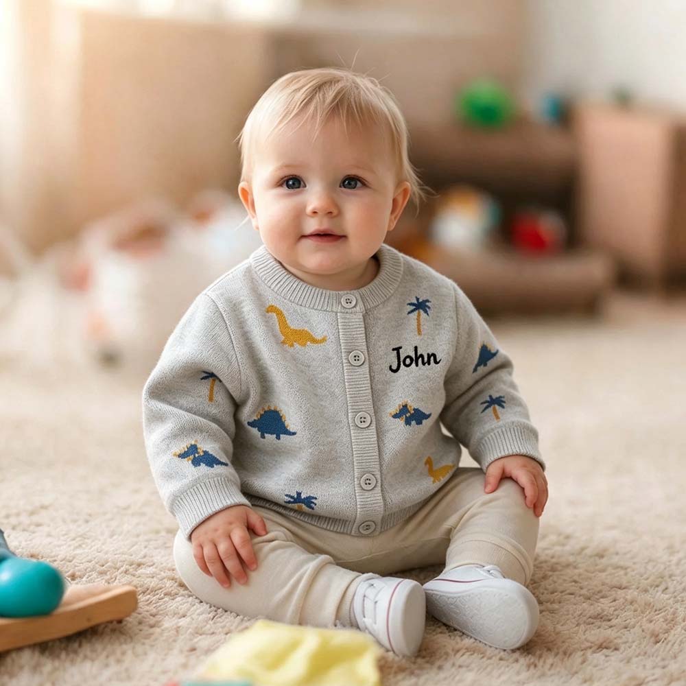 Personalized Embroidered Adorable Dinosaur Knit Cardigan | CWBaby548