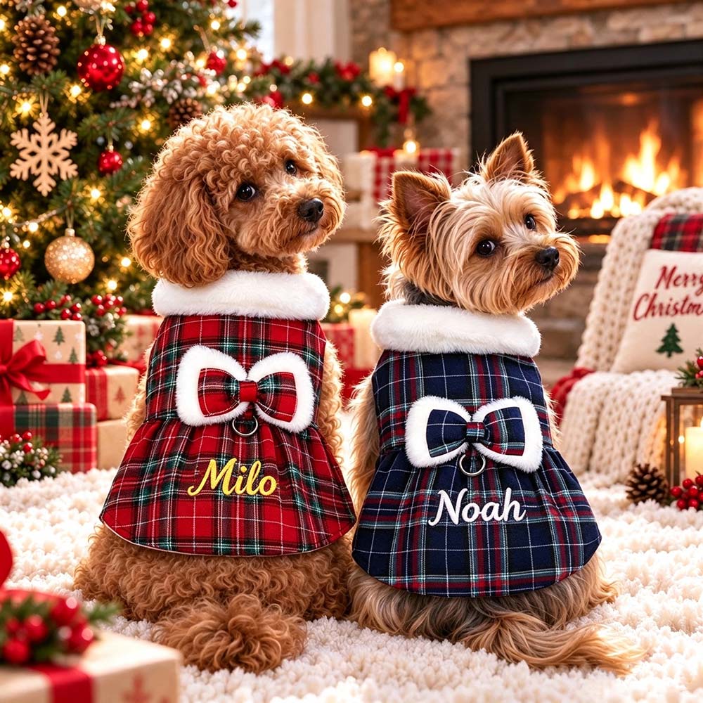 Personalized Embroidered Christmas Pet Plaid Dress | MCGift434