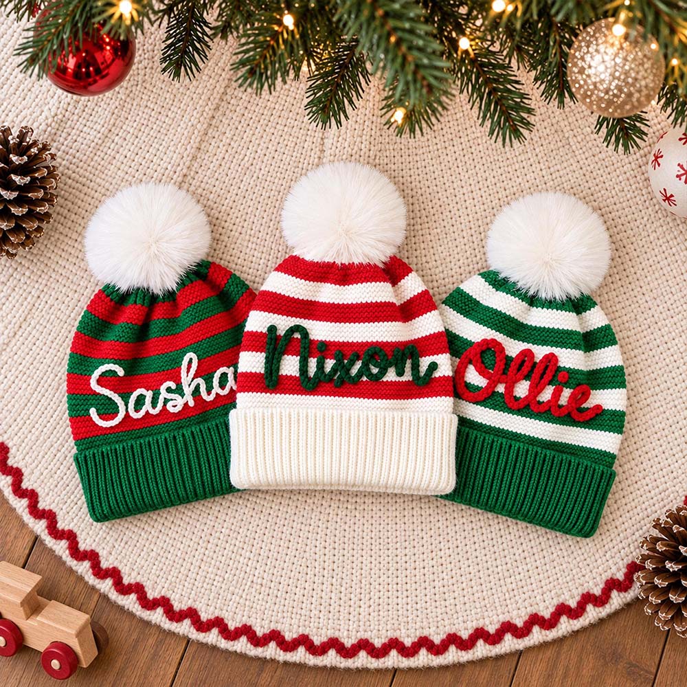 Personalized Hand Embroidery Kids Stripe Pom Pom Beanie Hat | MCGift441