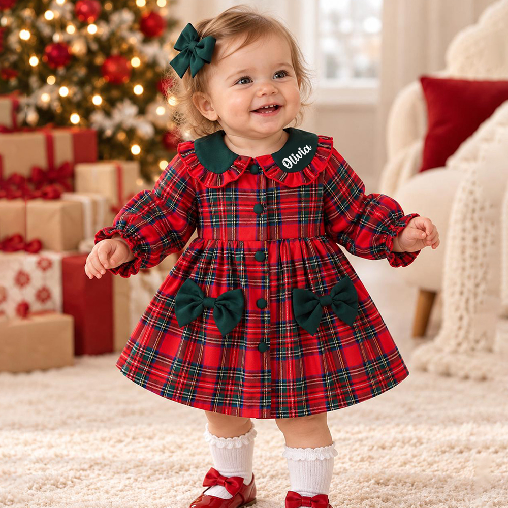 Personalized Baby Girl Christmas Plaid Dress Set | MCGift445