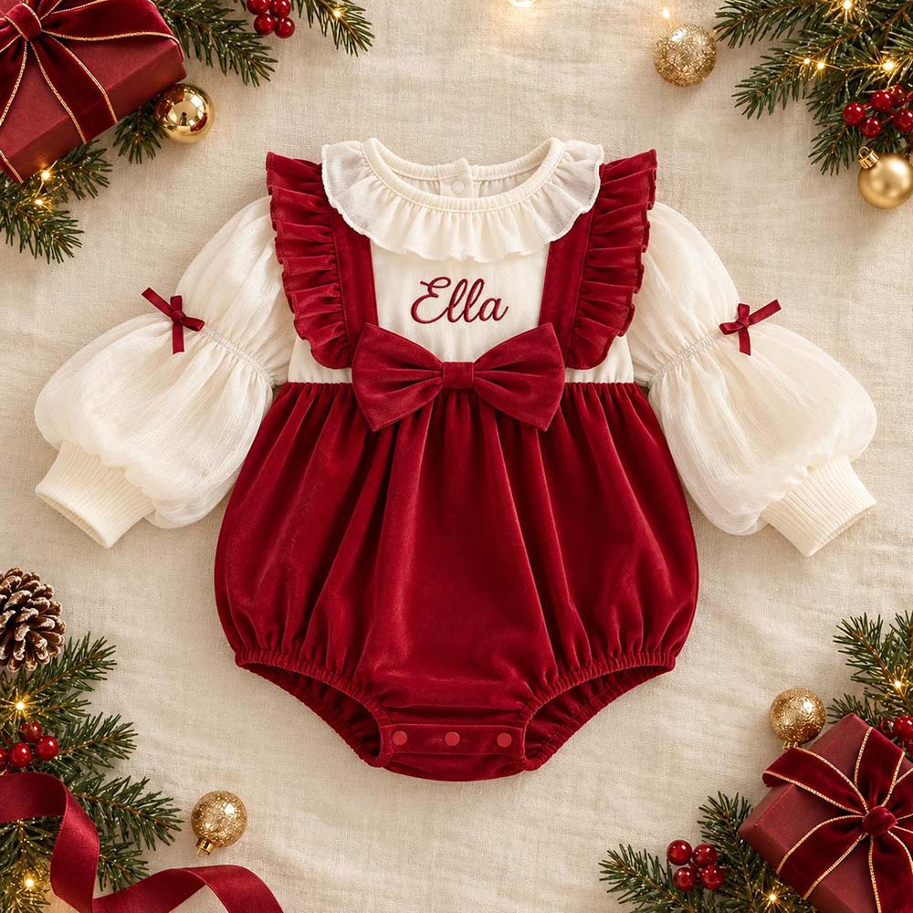 Personalized Embroidered Baby Burgundy Velvet Christmas Romper | CWBaby565