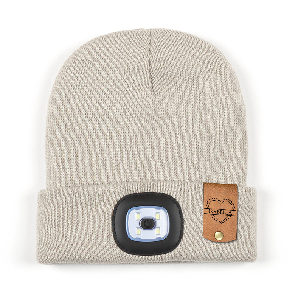 Personalized Kids Leather Tag Beanie with Headlamp | HSKid32