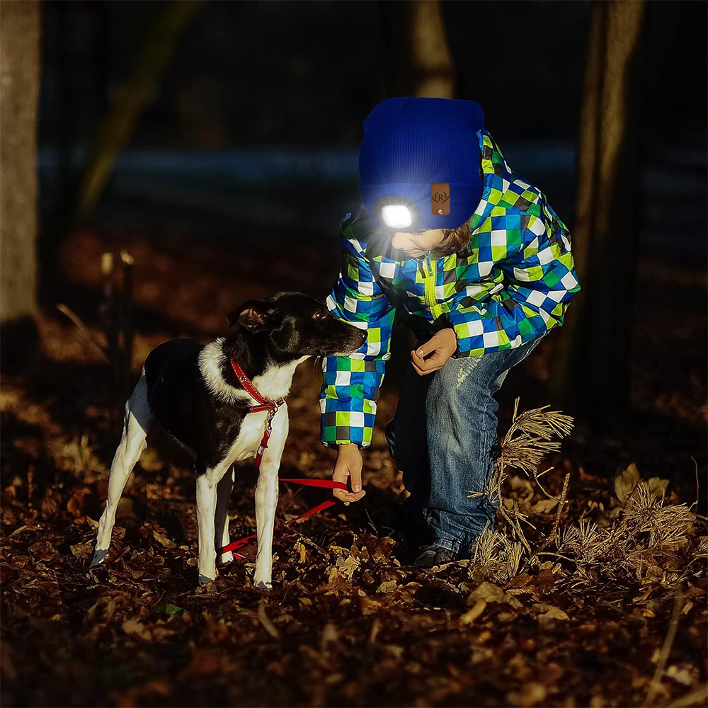 Personalized Kids Leather Tag Beanie with Headlamp | HSKid32